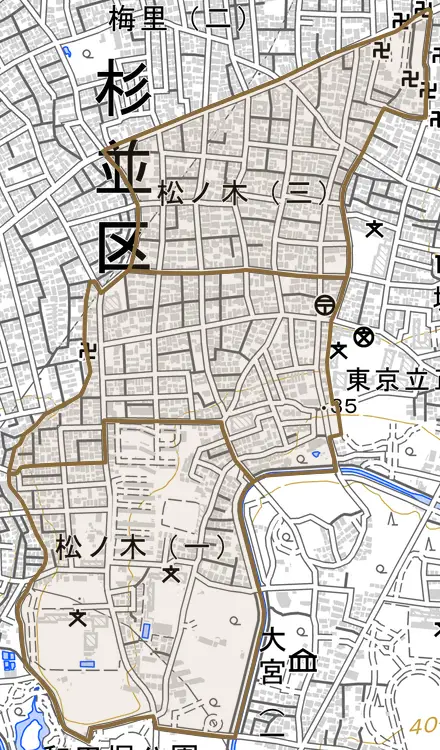 松ノ木とその周辺の地図。町の範囲を重ねている