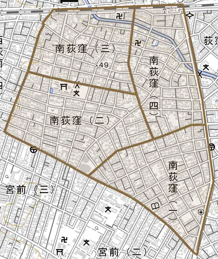 南荻窪とその周辺の地図。町の範囲を重ねている