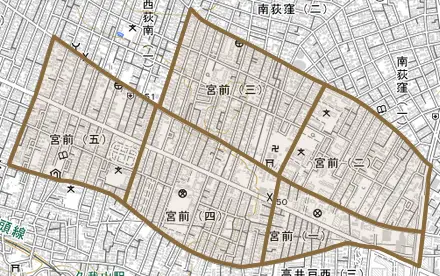 宮前とその周辺の地図。町の範囲を重ねている