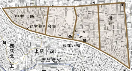 桃井とその周辺の地図。町の範囲を重ねている