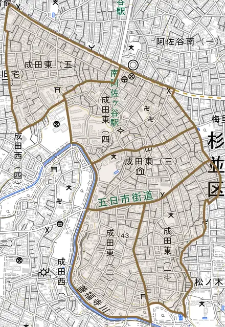成田東とその周辺の地図。町の範囲を重ねている