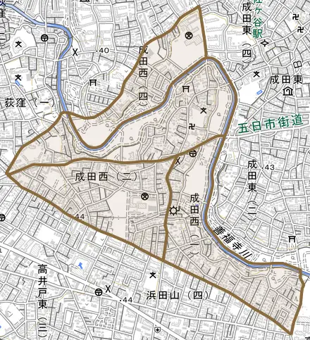 成田西とその周辺の地図。町の範囲を重ねている