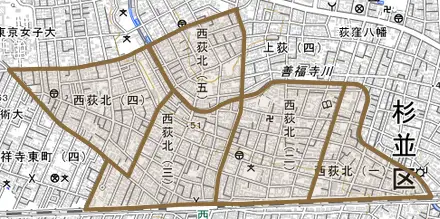 西荻北とその周辺の地図。町の範囲を重ねている