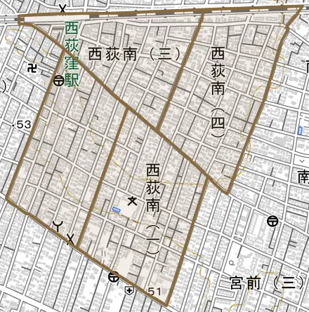 西荻南とその周辺の地図。町の範囲を重ねている