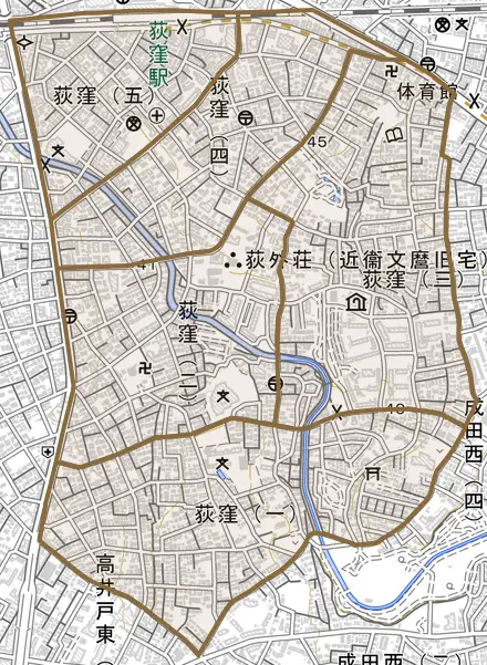 荻窪とその周辺の地図。町の範囲を重ねている