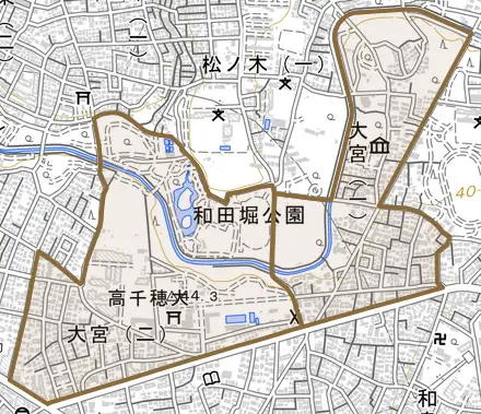 大宮とその周辺の地図。町の範囲を重ねている