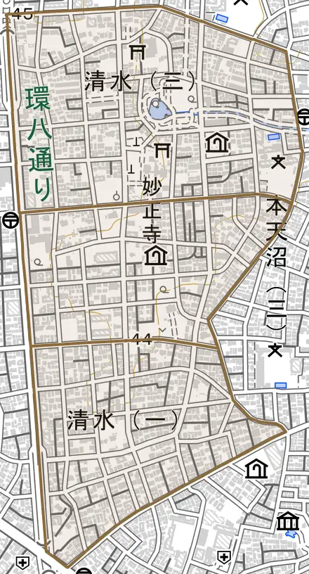清水とその周辺の地図。町の範囲を重ねている