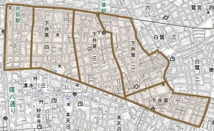 下井草とその周辺の地図。町の範囲を重ねている