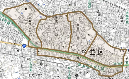 下高井戸とその周辺の地図。町の範囲を重ねている