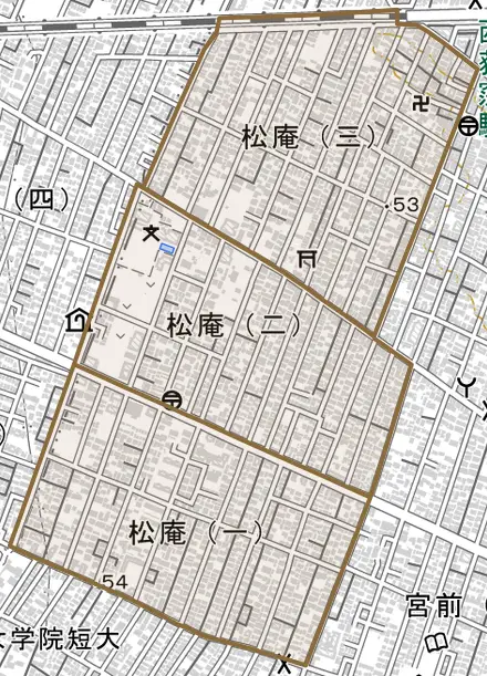 松庵とその周辺の地図。町の範囲を重ねている