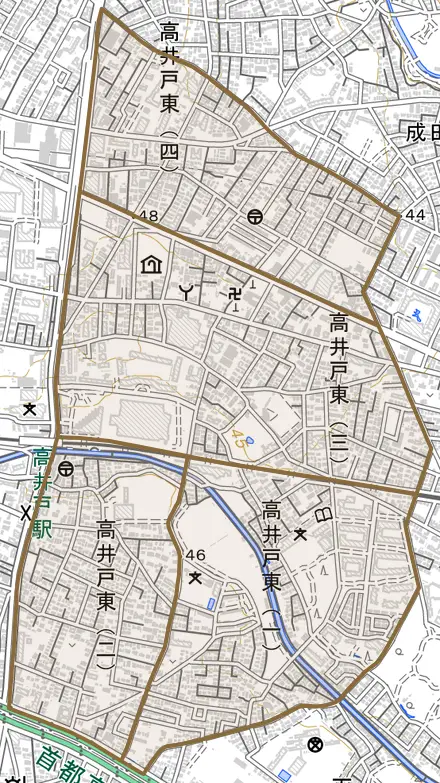 高井戸東とその周辺の地図。町の範囲を重ねている