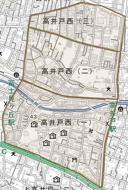 高井戸西とその周辺の地図。町の範囲を重ねている