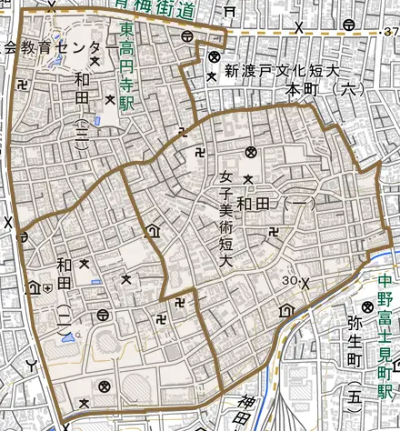 和田とその周辺の地図。町の範囲を重ねている