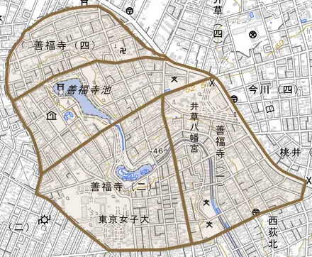 善福寺とその周辺の地図。町の範囲を重ねている