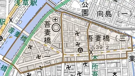 吾妻橋とその周辺の地図。町の範囲を重ねている