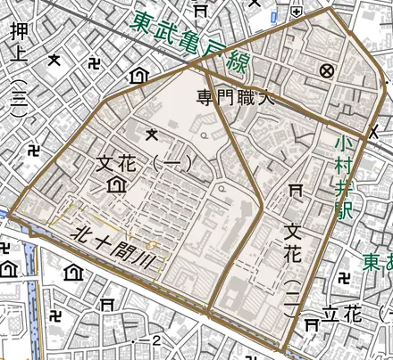 文花とその周辺の地図。町の範囲を重ねている