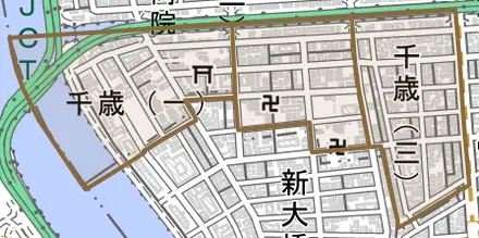 千歳とその周辺の地図。町の範囲を重ねている