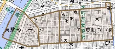 東駒形とその周辺の地図。町の範囲を重ねている