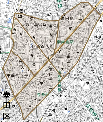 東向島とその周辺の地図。町の範囲を重ねている
