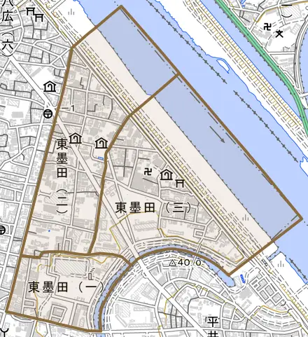 東墨田とその周辺の地図。町の範囲を重ねている