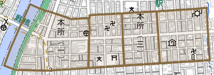 本所とその周辺の地図。町の範囲を重ねている