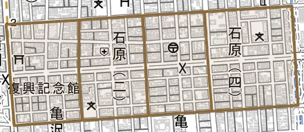 石原とその周辺の地図。町の範囲を重ねている