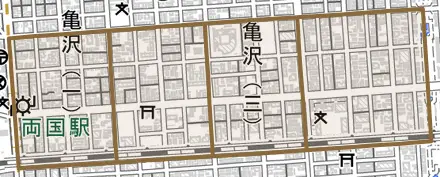 亀沢とその周辺の地図。町の範囲を重ねている