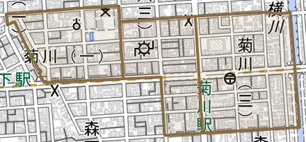 菊川とその周辺の地図。町の範囲を重ねている