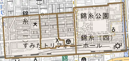 錦糸とその周辺の地図。町の範囲を重ねている