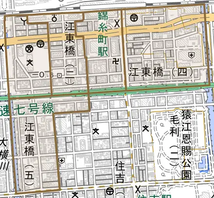 江東橋とその周辺の地図。町の範囲を重ねている