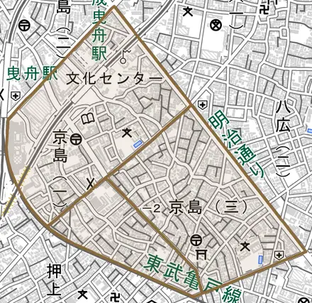京島とその周辺の地図。町の範囲を重ねている
