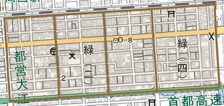 緑とその周辺の地図。町の範囲を重ねている