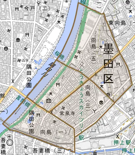向島とその周辺の地図。町の範囲を重ねている