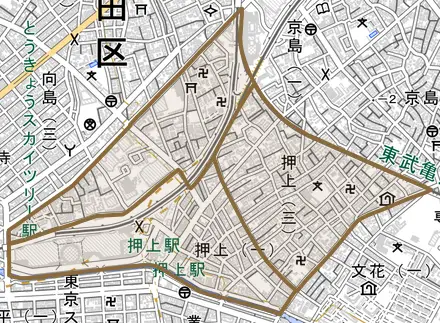 押上とその周辺の地図。町の範囲を重ねている