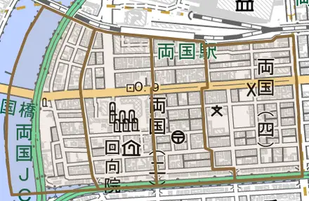 両国とその周辺の地図。町の範囲を重ねている