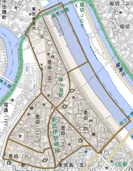 墨田とその周辺の地図。町の範囲を重ねている