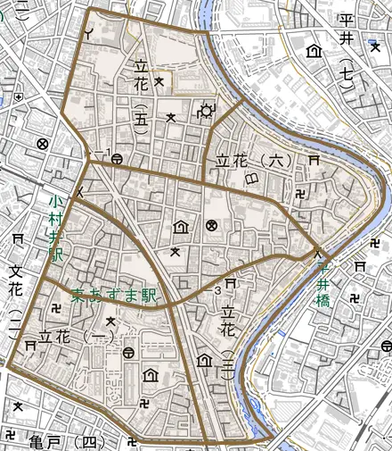 立花とその周辺の地図。町の範囲を重ねている