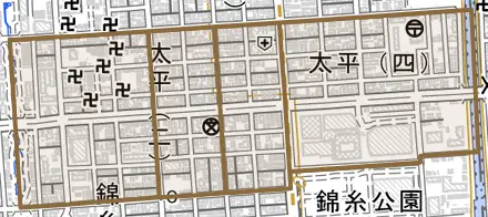 太平とその周辺の地図。町の範囲を重ねている