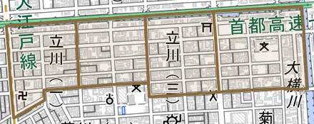 立川とその周辺の地図。町の範囲を重ねている