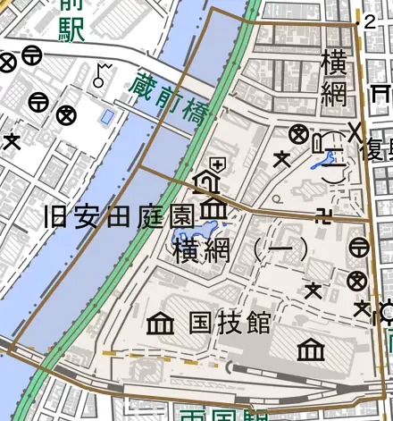 横網とその周辺の地図。町の範囲を重ねている