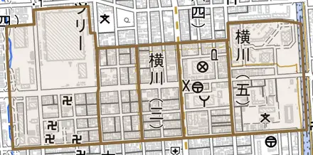 横川とその周辺の地図。町の範囲を重ねている