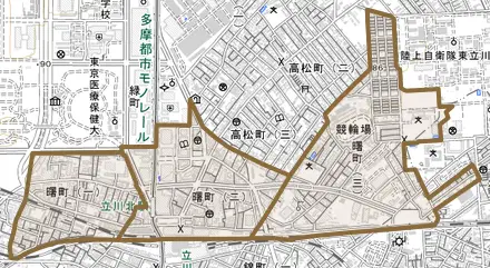 曙町とその周辺の地図。町の範囲を重ねている