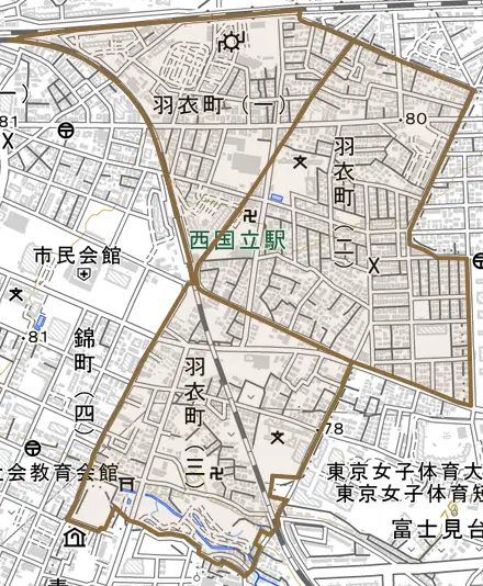 羽衣町とその周辺の地図。町の範囲を重ねている