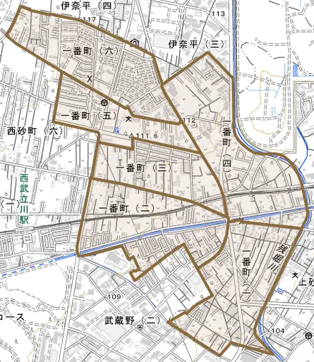 一番町とその周辺の地図。町の範囲を重ねている
