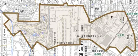 泉町とその周辺の地図。町の範囲を重ねている