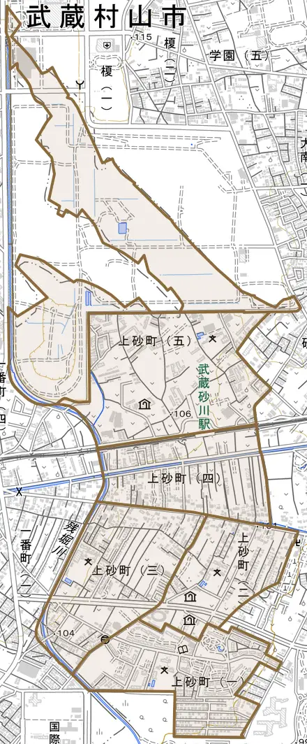 上砂町とその周辺の地図。町の範囲を重ねている