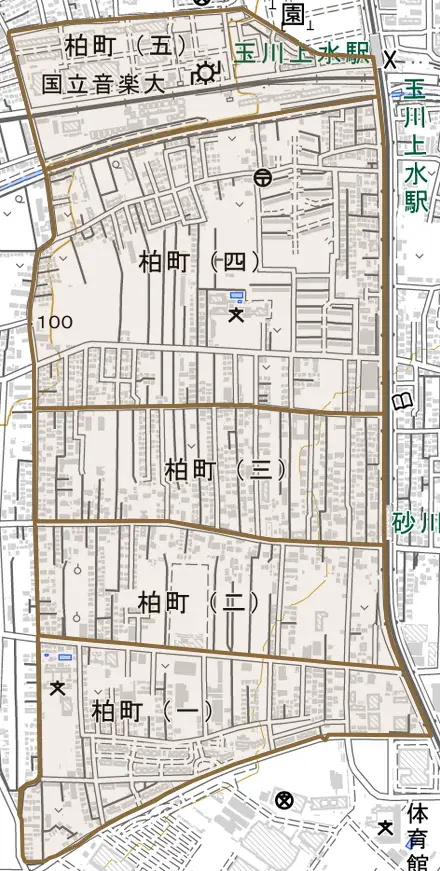 柏町とその周辺の地図。町の範囲を重ねている