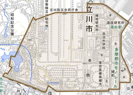 緑町とその周辺の地図。町の範囲を重ねている
