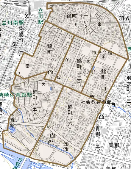 錦町とその周辺の地図。町の範囲を重ねている