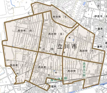 西砂町とその周辺の地図。町の範囲を重ねている